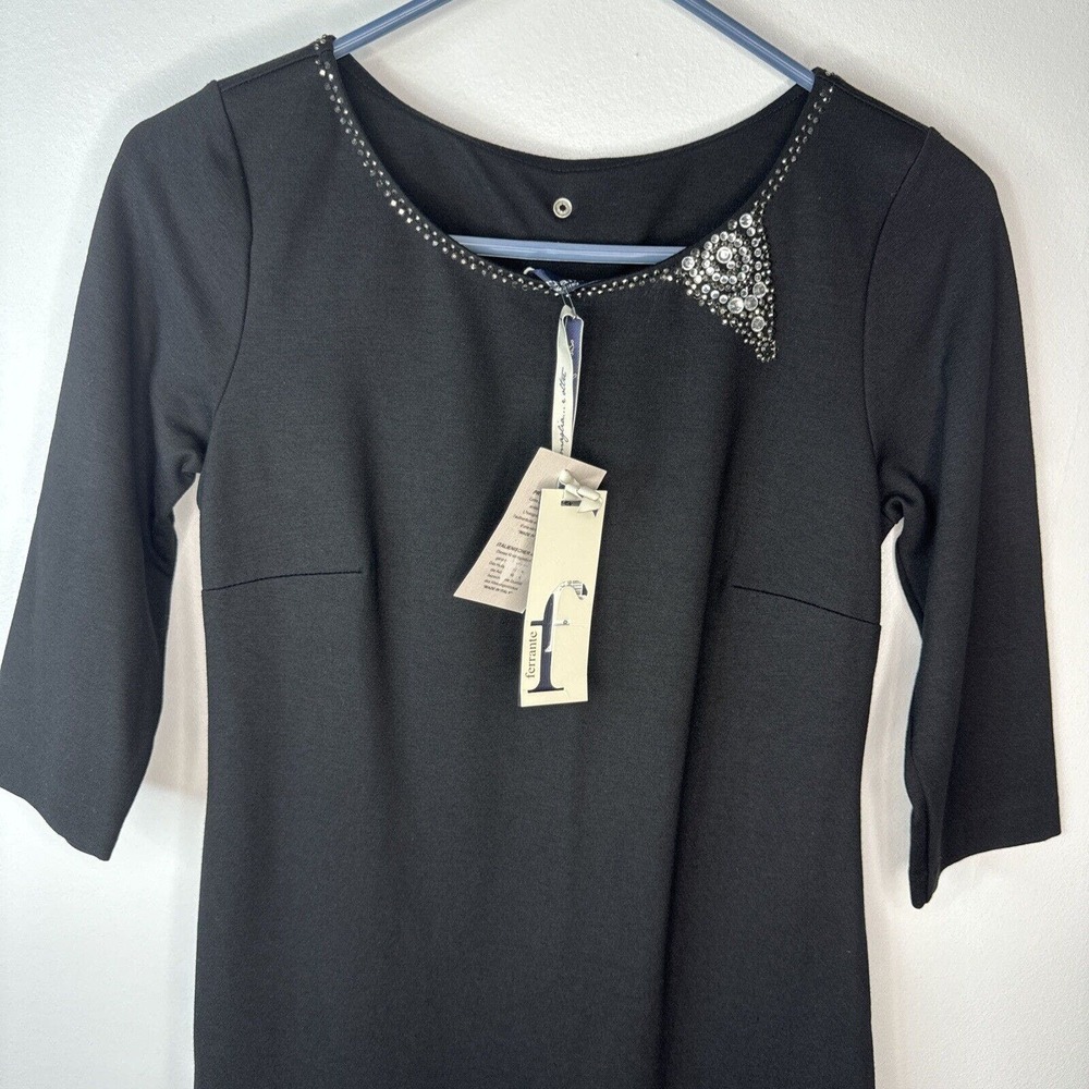 Ferrante Italian Dress Sz XS Rhinestone Detail Black Viscose Made In Italy NWT - Picture 2 of 15